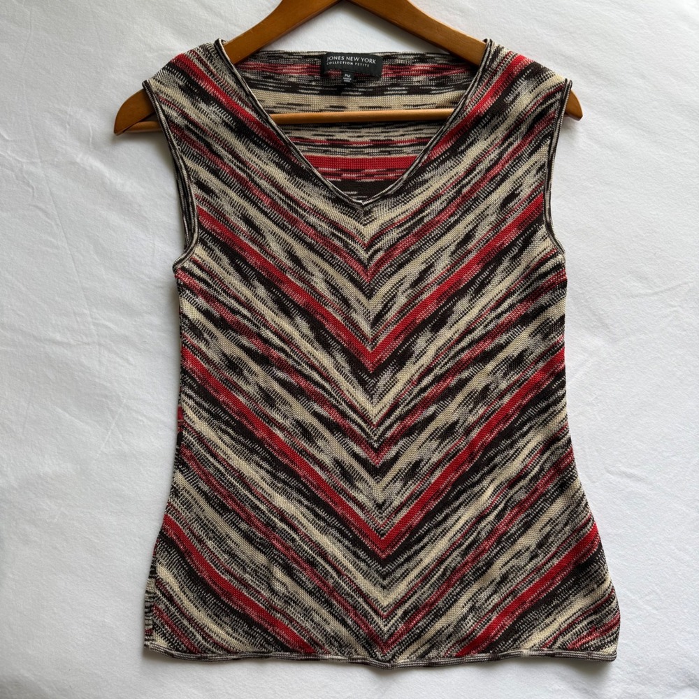 Jones New York Petite Medium V-Neck Knit Tank Top Chevron Space Dye Date Night